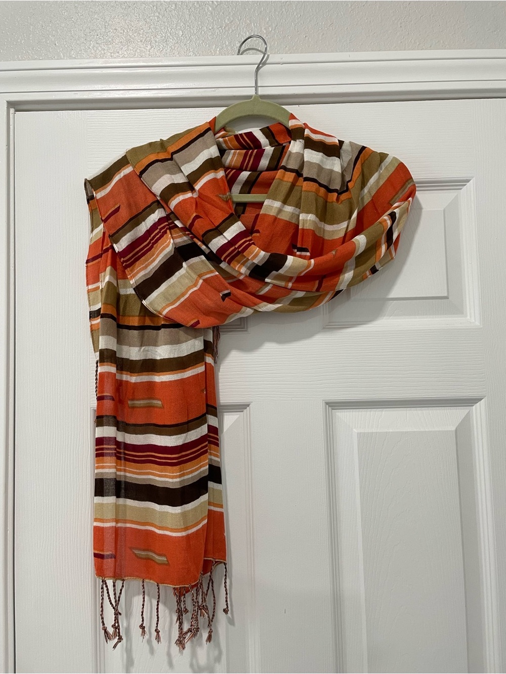 Striped Fringe Scarf in Orange, Olive, Cream & Burgundy